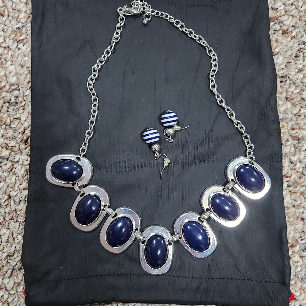 New York & Company Silver and Navy Necklace Set